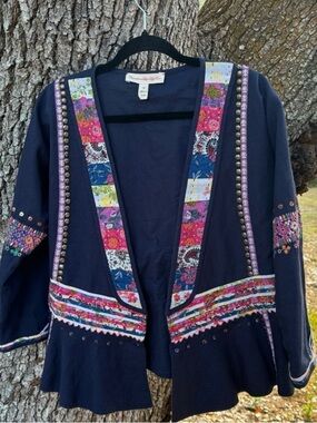 Anthropologie Navy Blue Linen Peplum Embroidered Patchwork Open Jacket.Size M